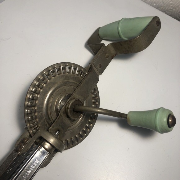 Vintage Blue Whirl Egg Beater Mixer Stainless Steel Mint Blue Green Handle - Picture 5 of 6
